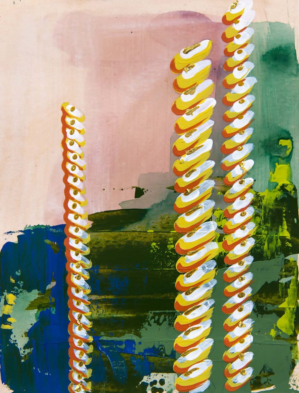 Abstract architectural painting by Teale Hatheway depicting a trio of vertical twisted rope torus moldings, rendered in layered brushstrokes of white, yellow, and terracotta with gilded highlights. Set against a richly painted background of blush, olive, and cobalt, the work reimagines classical decorative elements with bold color and painterly gesture.
