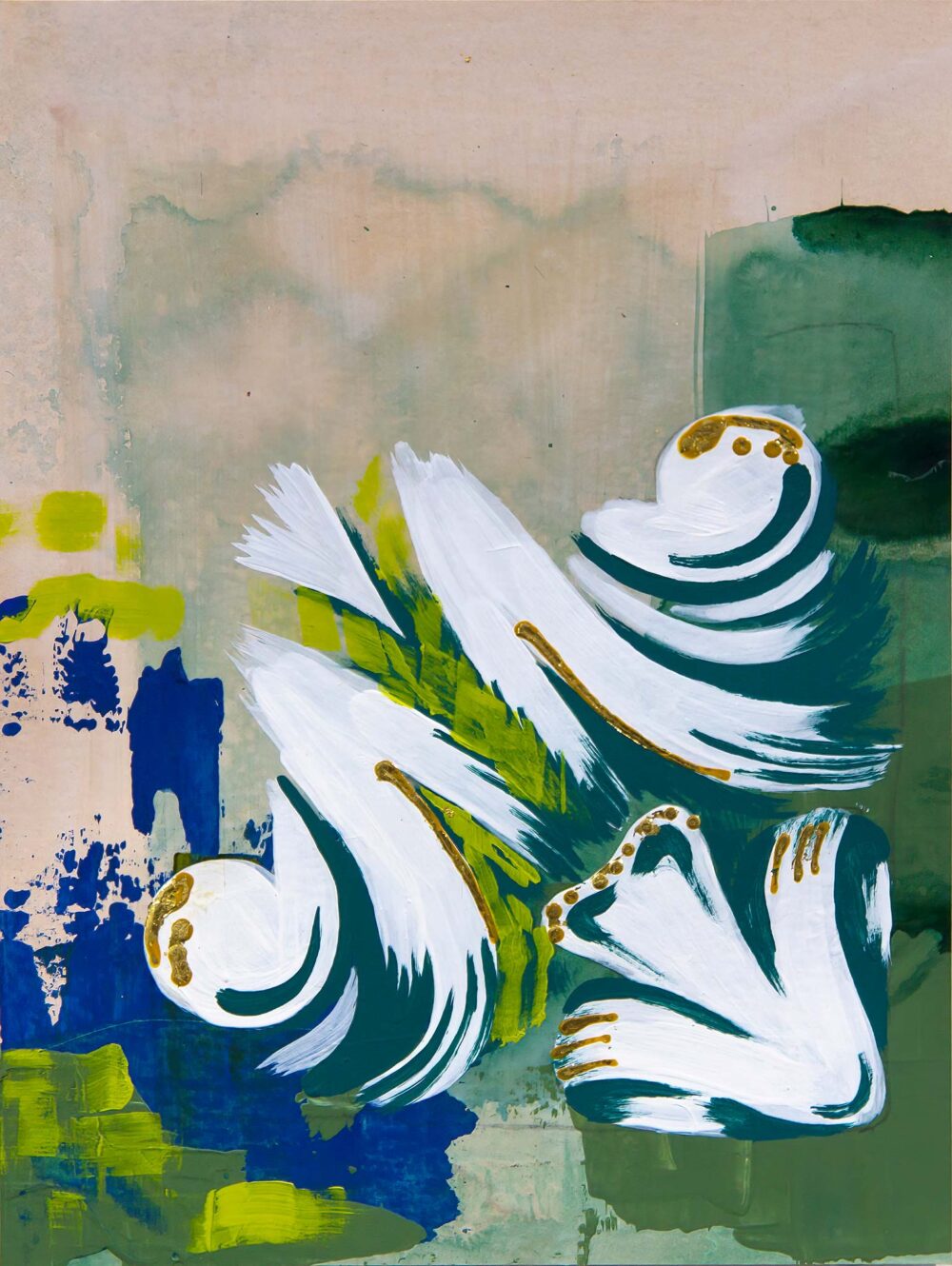 Abstract architectural painting by Teale Hatheway featuring stylized volute and foliate forms in teal, white, and gold, evoking classical ornament through gestural strokes. Set against a layered background of blue, green, and buff tones, the composition explores the expressive potential of architectural detail, movement, and color.