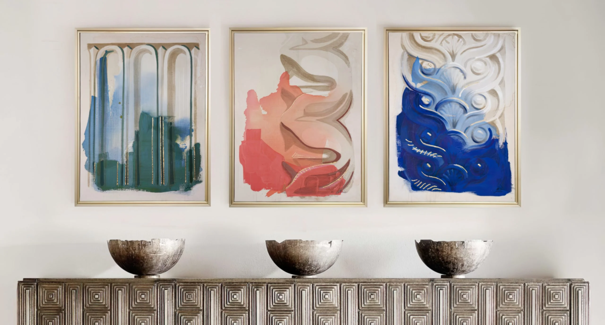 three colorful, expressionist architectural detail paintings by Teale Hatheway